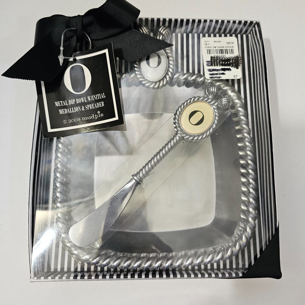 Mudpie Metal Dip Bowl and Spreader Set Initial Letter O Hostess Gift NIB